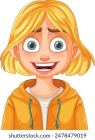 Smiling blonde character in a yellow hoodie