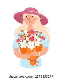 Smiling blonde girl holding a bouquet of flowers. Hand drawn.