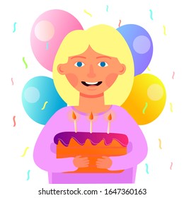 Smiling blonde girl holding a cake with lighted candles. Happy birthday. The design element of postcards. Vector illustration.