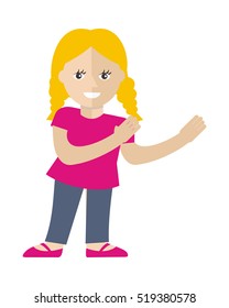 Smiling blonde girl with raised hands for holding some thing flat vector illustration isolated on white background. Cute child. For advertising, people infographics, childhood concepts design