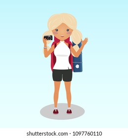 Smiling blonde girl takes a photo. Young traveller walking the Camino de Santiago. Student traveller with a big backpack. A woman travelling alone. Caucasian ethnicity. Backpacker illustration.