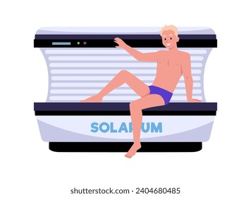 Smiling blonde man sitting on solarium cabin flat style, vector illustration isolated on white background. Decorative design element, beauty and skin tone