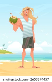 Smiling blonde man in a striped tank top holding a fresh coconut with a straw. Standing on a sunny beach with palm trees, ocean waves, and a blue sky. Cartoon vector art