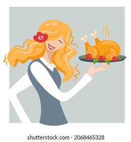 Smiling blonde waitress serves roasted turkey on a tray. A girl holds a plate with a celebratory dinner for Thanksgiving Day. Vector illustration on a gray background. Cartoon flat design.