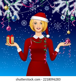 Smiling blonde woman in a Christmas hat with a gift on a blue background with white spruce branch and Christmas decorations. Vector illustration