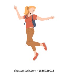 Smiling blonde woman with ponytail, leaping or jumping isolated college university student in trendy clothes. Vector american or european female in with fashion backpack, flat cartoon character