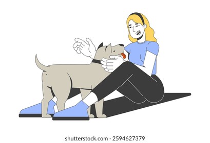 Smiling blonde woman sitting on ground, petting friendly dog 2D cartoon character. Caucasian girl enjoying joyful moment with pet flat vector person isolated on white. Spot illustration colorful