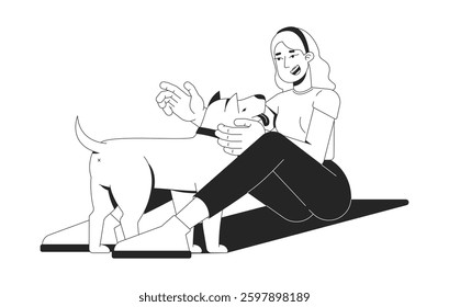 Smiling blonde woman sitting on ground, petting friendly dog 2D line character. Caucasian girl enjoying joyful moment with pet isolated vector ink outline person. Monochromatic spot illustration