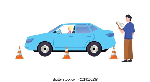 Smiling blonde woman taking parallel parking test in blue car flat style, vector illustration isolated on white background. Inspector evaluates the result, cones, driving school