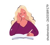 Smiling blonde woman with wavy hair writing in open notebook, resting her head on her hand. Flat cartoon style. Vector illustration for education, school, planning, or creative design.