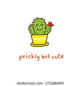smiling blooming cactus in a pot, inscription prickly but cute, simple cartoon illustration
