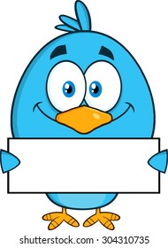 Smiling Blue Bird Cartoon Character Holding A Blank Sign. Vector Illustration Isolated On White