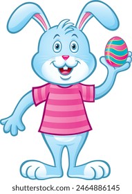 Smiling blue bunny rabbit cartoon character wearing a pink striped t-shirt and holding up a colored Easter egg.