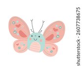 Smiling blue butterfly with pink heart wings and playful expression, ideal for girly clipart, pastel wildlife prints, and fun kids decor.