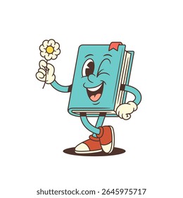 Mascote de livro de desenhos animados azul sorridente com marcador vermelho e tênis piscando e segurando flor branca margarida. Perfeito para temas de educação, natureza e crianças. Ilustração vetorial