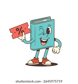 Smiling azul cartum livro mascote piscando e segurando cupom de desconto vermelho com símbolo de porcentagem. Perfeito para marketing, vendas e temas de volta à escola. Ilustração vetorial