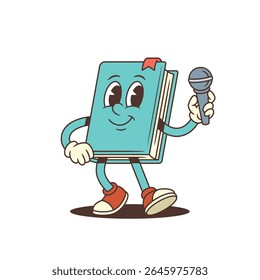 Smiling blue cartoon book mascot holding a microphone, expressing joy and friendliness. Ideal for education, presentations, or communication themes. Bright and playful design in vector illustration