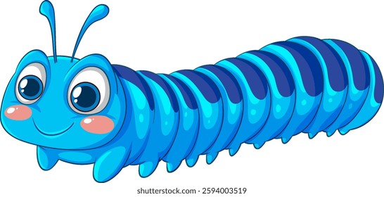 Smiling blue cartoon caterpillar with cheerful expression and bright colors