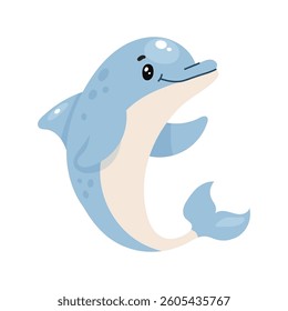 Smiling blue cartoon dolphin jumping in clean white space