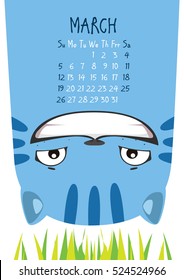 smiling blue cat upside down on the green grass. Cheshire cat. March calendar