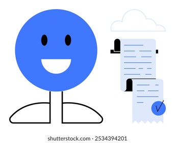 Smiling blue circle headed character with ticked documents and cloud. Ideal for productivity, task management, organization, cloud storage, digital workspaces. Simple, modern, clean style