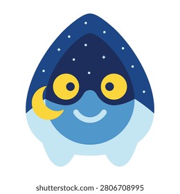 A smiling blue creature with a moon on its cheek under a starry night sky with a happy expression and big yellow eyes