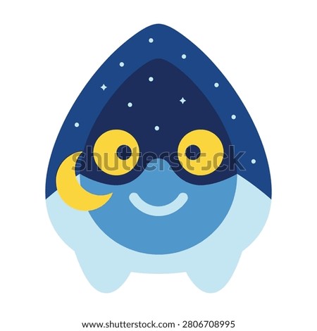 A smiling blue creature with a moon on its cheek under a starry night sky with a happy expression and big yellow eyes