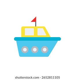 Ícone azul de navio de cruzeiro sorridente. navio de cruzeiro estilo desenho animado com janelas e bandeira vermelha no topo.
