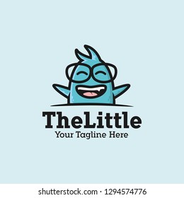 smiling blue curious little monster wearing glasses logo vector design, cartoon cute character funky mascot little monster illustration 