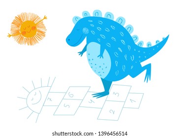 Smiling blue dinosaur  playing a game. Cute animal. Vector background. Hand drawn illustration. Funny character for kids. Pencil texture. Happy Dino.