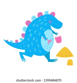 Smiling blue dinosaur playing with sand. Cute animal. Vector background. Hand drawn illustration. Funny character for kids. Pencil texture. 