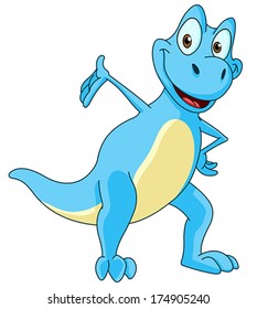 Smiling blue dinosaur presenting with his hand