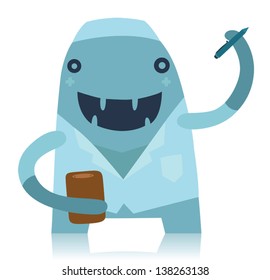 Smiling Blue Doctor Monster in a White Coat Writing Out Prescription