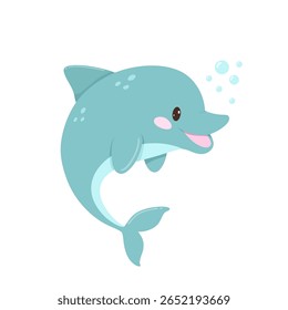 Desenho animado de golfinho azul sorridente com bolhas e cauda curvada, ótimo para conjuntos de personagens aquáticos, decoração de animais marinhos e gráficos animados do oceano.