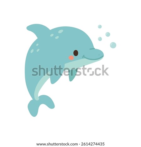 Smiling blue dolphin cartoon with bubbles and curved tail, great for aquatic character sets, sea animal decor, and cheerful ocean graphics.