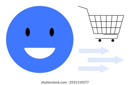 Cara azul sonriente con los ojos negros y la boca blanca al lado de un Carrito de compras y tres flechas que apuntan a la derecha. Ideal para comercio electrónico, compras en línea, satisfacción del Cliente, Comentarios positivo y consumo