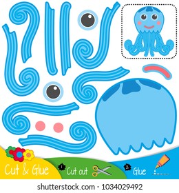 Smiling blue jellyfish with tentacles. Education paper game for preshool children. Vector illustration.