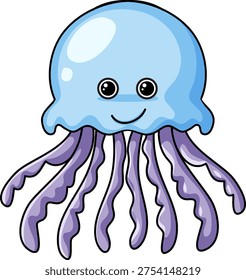Smiling blue jellyfish vector character with purple tentacles isolated on a plain white background