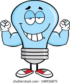 Smiling Blue Light Bulb Cartoon Mascot Character With Muscle Arms