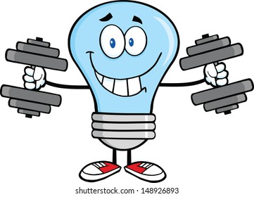 Smiling Blue Light Bulb Cartoon Character Training With Dumbbells