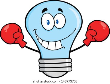 Smiling Blue Light Bulb Cartoon Character Wearing Boxing Gloves