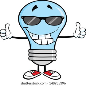 Smiling Blue Light Bulb With Sunglasses Giving A Double Thumbs Up