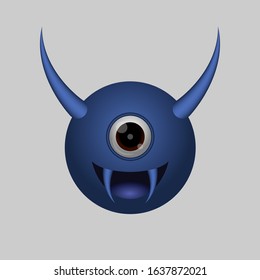 Smiling blue monster head with big horn and sharp fangs. 3d vector design.