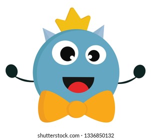 Smiling blue monster with yellow bow tie and golden crown vector illustration on white background.