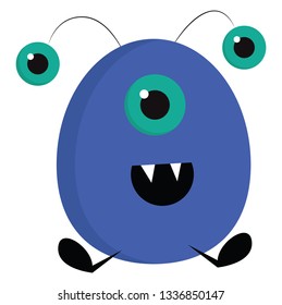 Monstruo ovak azul sonriente con tres ojos de ilustración vectorial sobre fondo blanco.