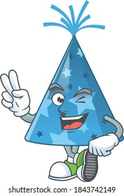 smiling blue party hat cartoon mascot style with two fingers. Vector illustration