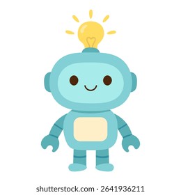 Smiling blue robot with light bulb on head for tech themed childrens projects and designs