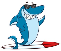 Leende Blue Shark Tecknad Maskot Karaktär Med Solglasögon Surfing Och Vinka. Vektorillustration Med Bakgrund
