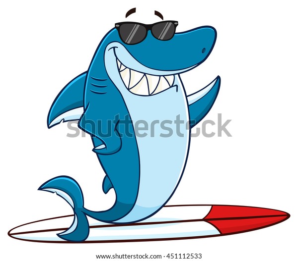 サングラスサーフィンとなびく笑顔の青いサメの漫画のマスコットキャラクター 背景にベクターイラスト のベクター画像素材 ロイヤリティフリー
