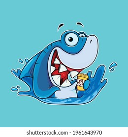 
smiling blue shark holding coffe cup,illustration vector image best for your mascot,t-shirt design, etc.